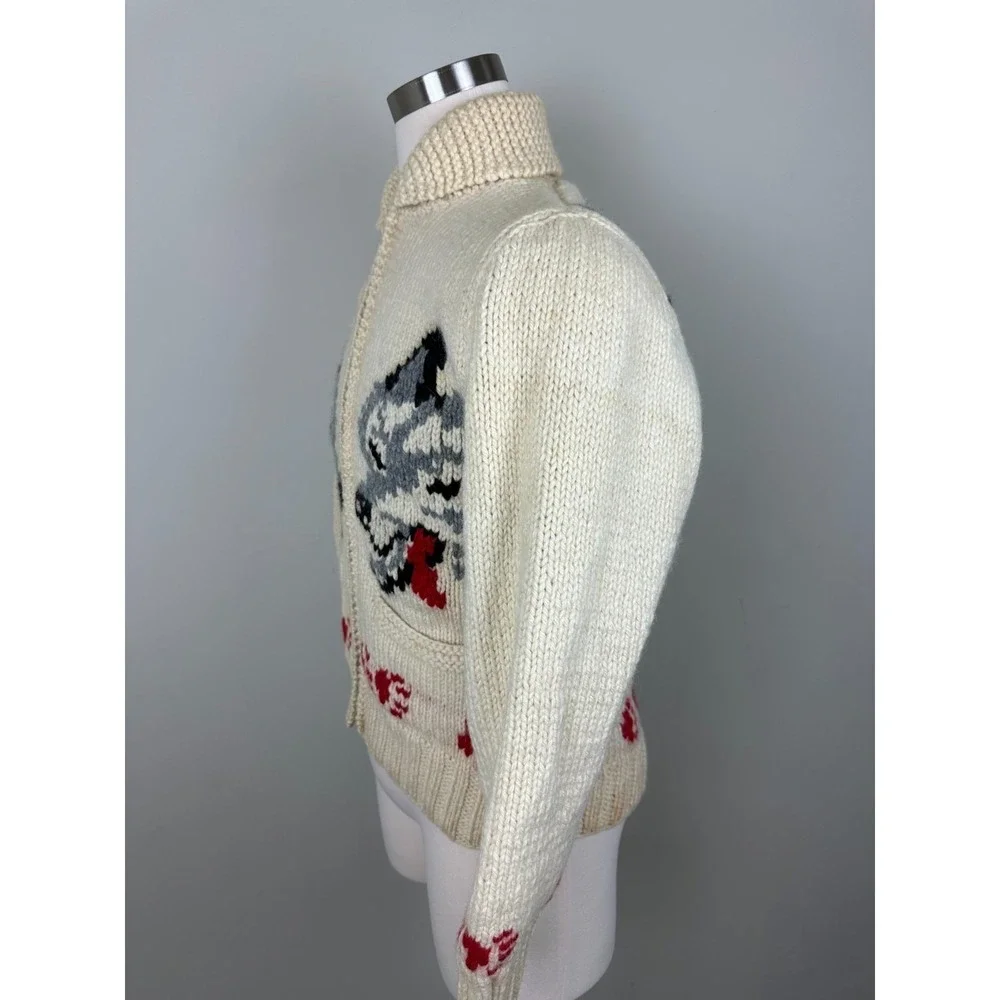 RARE Vintage 1950s Wolf Mary Maxim Cowichan Sweater Wool 100% Large - Picture 7 of 16